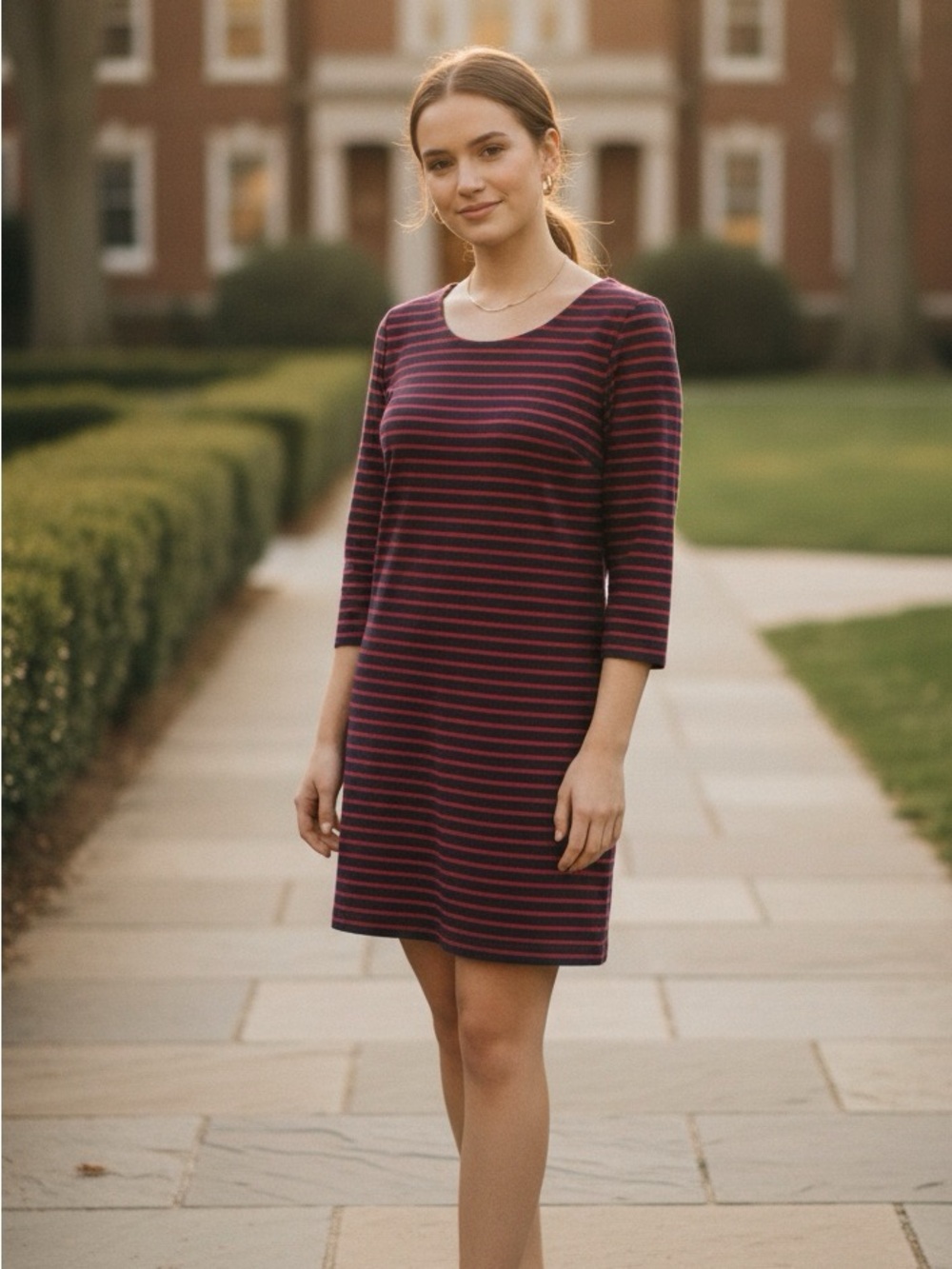 J Crew Womens Size XS Dress Red Navy Striped 3/4 Sleeve Casual Shift Cotton